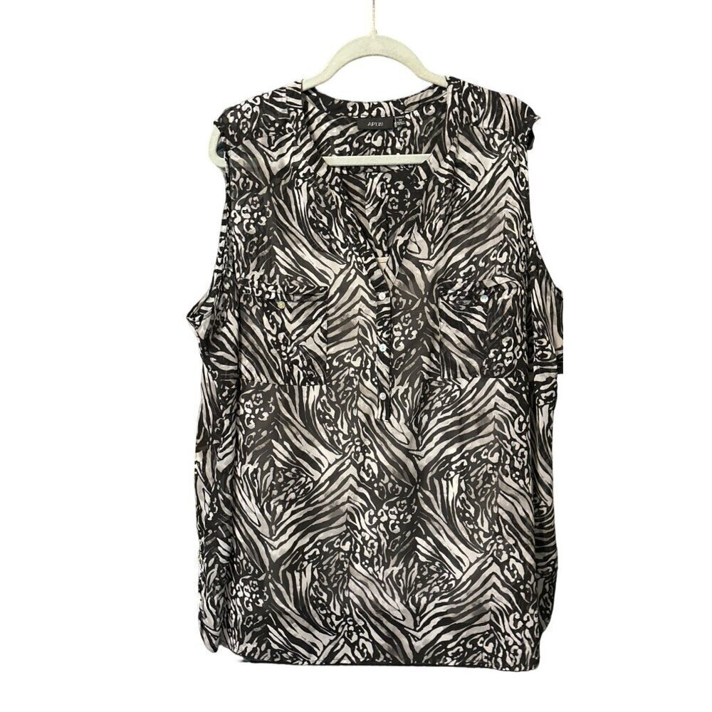APT 9 Women's Sheer 2 Pc  Blouse Tunic 3X Gray Black Abstract Sleeveless Pockets